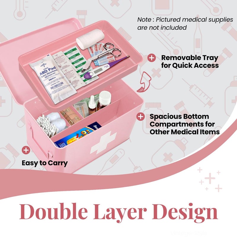 Flexzion First Aid Box Organizer Empty 13" Pink Vintage First Aid Kit Tin Metal Medical Box - First Aid Storage Box Container Bins with Dividers, Removable Tray and White Cross Logo - Image 5