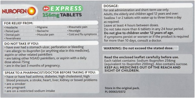 Nurofen Express Ibuprofen 256mg 16 Tablets Pain Sinus Migraine Headache Toothache Relief Long Lasting Cold Flu relief - Image 3