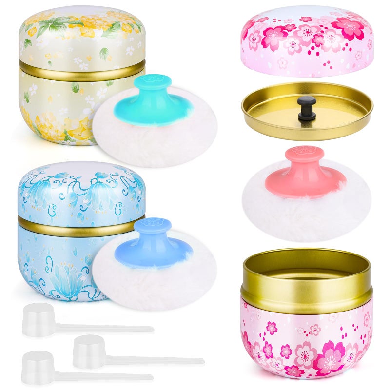 3 Pieces Body Powder Puff and Container Baby Powder Container Floral Pattern with Large Fluffy Plush Puff Spoon Baby Woman Loose Dusting Powder Tea Box for Home Travel Use Pink Blue and Yellow