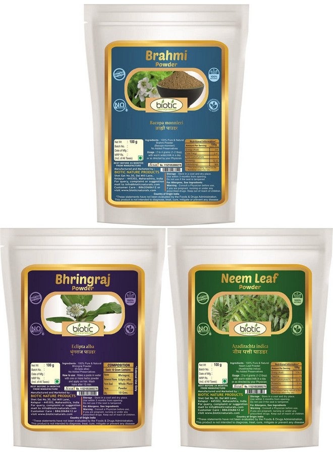 Biotic مسحوق بيوتيك ناتشر براهمي، برينغراج ونييم - 300 جرام (100 جرام لكل منها) - Image 1
