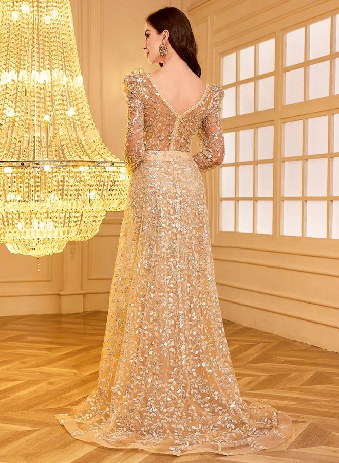 Supgir  Gold Embellished Draped Maxi Evening Dress for Women | Best Price UAE