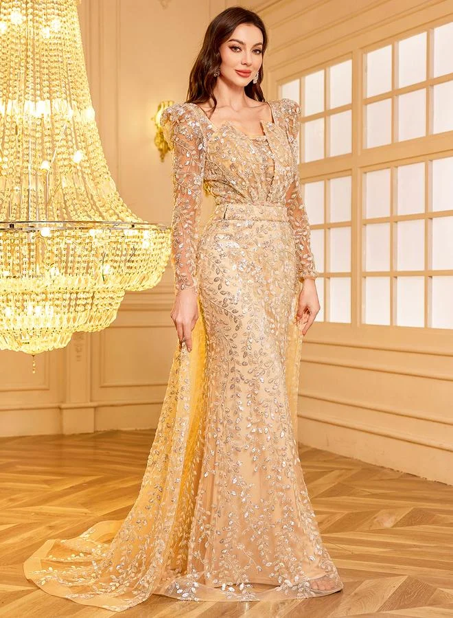 Supgir  Gold Embellished Draped Maxi Evening Dress for Women | Best Price UAE