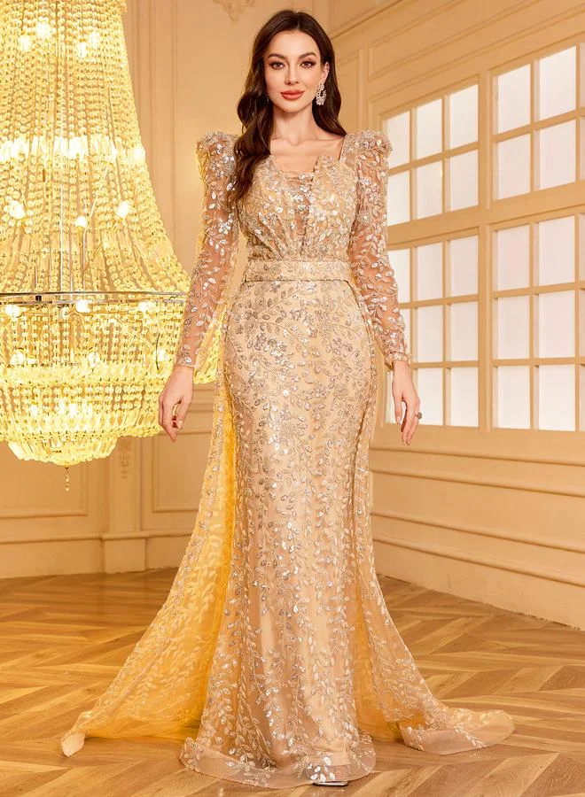 Supgir Gold Embellished Draped Maxi Evening Dress