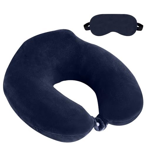 Billebon Extra Soft Memory Foam Luxury Travel Neck Support Rest Pillow with Soft Washable & Removable Cover, Multipurpose Comfortable Travel Pillow for Airplane (Navy Blue Raised with Eye Mask) - Image 1
