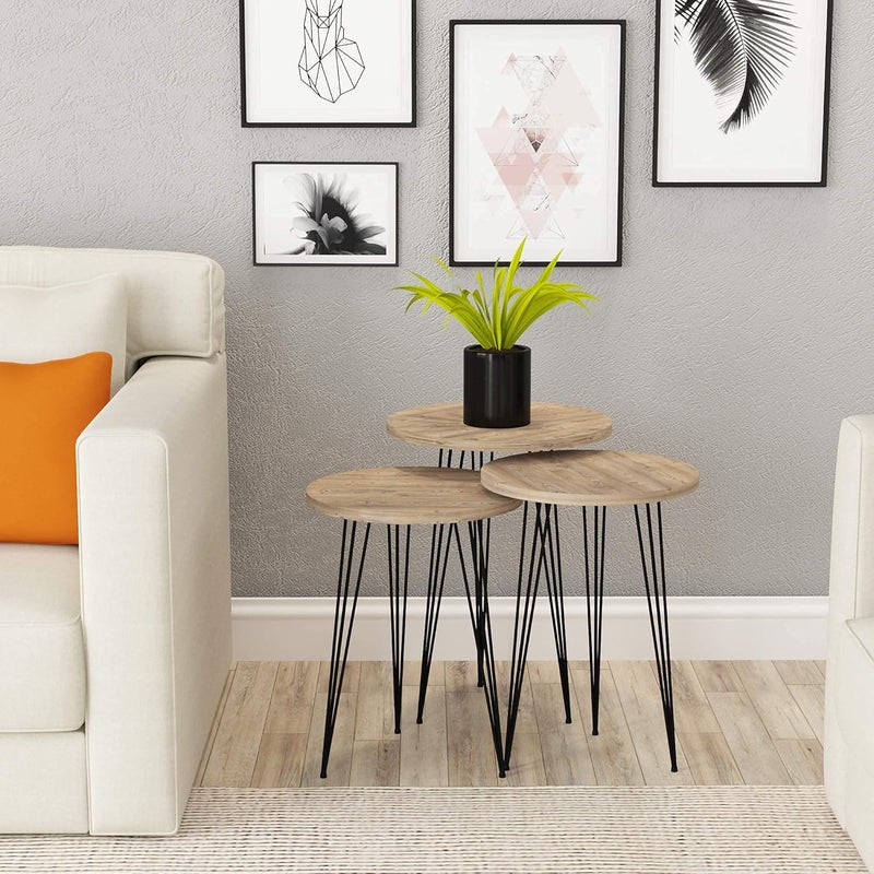 PAK HOME Set of 3 Pine Wood Grey Nesting End Tables Round Wood Stacking Coffee Side Accent Table with Metal Legs for Living Room, Home Office, Nightstands for Bedroom - Image 3