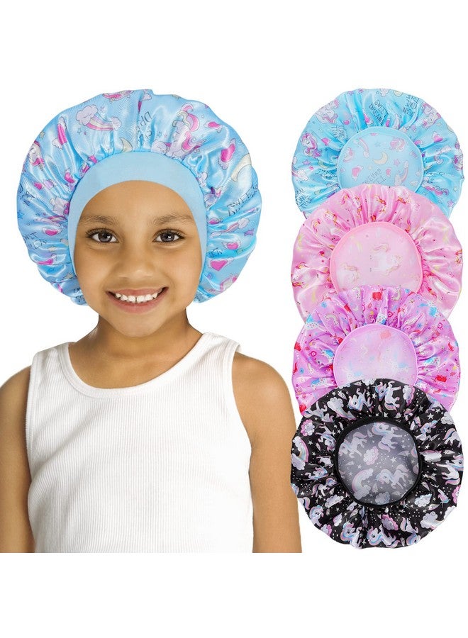 COCPOK 4 Pcs Kids Satin Bonnet Child Sleeping Capsoft Silk Bonnet Elastic Wide Bandbreathable Baby Bonnets Night Sleep Capscolorful Night Hats For Girls Toddler Teens Natural Hair (Unicorn) - Image 1