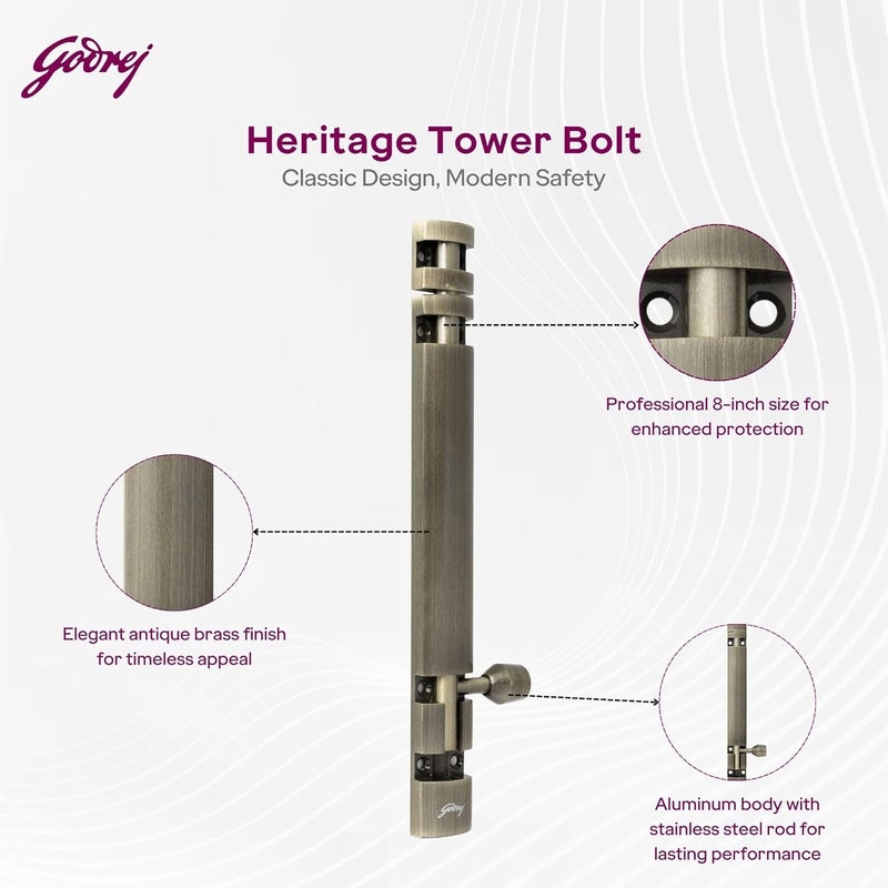 Godrej Locking Solutions and Systems Godrej Aluminum Tower Bolt Suitable for Left Right Handed Inside Outside Opening Doors Main Internal Bathroom Windows Wardrobe Cabinet Doors 200mm Antique Brass Finish Pack of 2  - Image 2