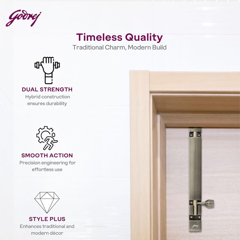 Godrej Locking Solutions and Systems Godrej Aluminum Tower Bolt Suitable for Left Right Handed Inside Outside Opening Doors Main Internal Bathroom Windows Wardrobe Cabinet Doors 200mm Antique Brass Finish Pack of 2  - Image 5