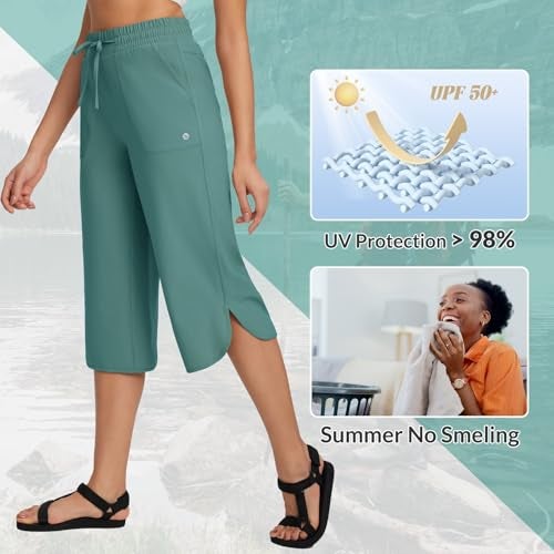Baleaf بنطلون كابري نسائي من باليف، واسع الساق، مقاس زائد، حماية من الأشعة فوق البنفسجية UPF50+، خفيف الوزن، مقاوم للماء، بنطلون رياضي فضفاض، للمشي والتسلق، أخضر، XL - Image 3