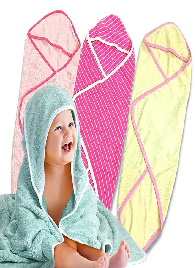 TuddyBuddy Ultra Soft 100% Cotton Hooded Towel for Babies/Ideal for New Born Babies (30 X 30 Inches) (Pack of 3 -Pink Stripes, Yellow & Light Pink) - Image 2