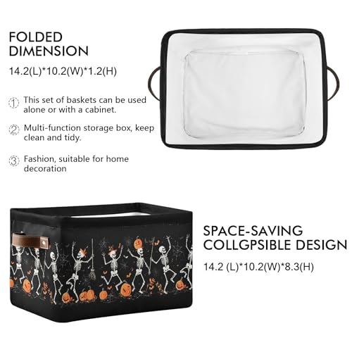 Wamika Halloween Skeleton Black Storage Basket with Waterproof Liner and PU Handles Spooky Skull Pumpkin Storage Bins Boxes 142 Collapsible Decorative Organizer Baskets for Bedroom Closet Office 1 Pack - Image 3