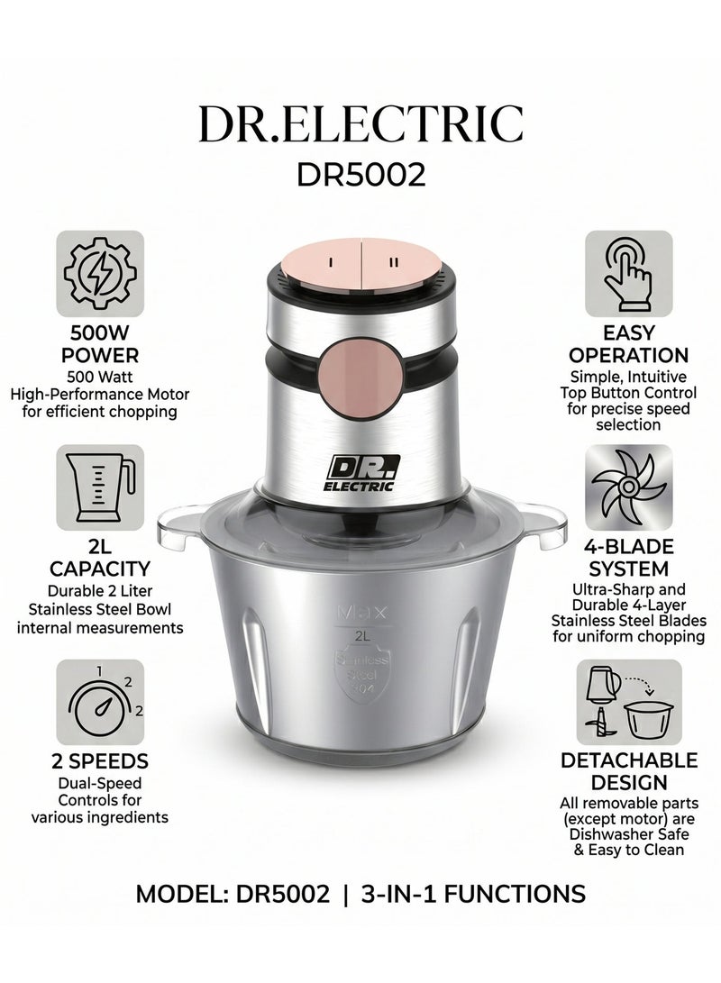 DR.ELECTRIC DR Electric electric chopper, model DR5002, three in one, 2 liters, power 500 watts, tank, with stainless steel blade - Image 1
