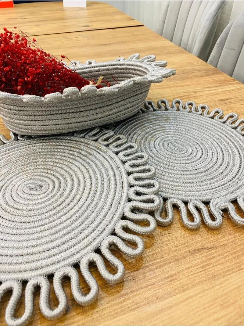BDZ Deri BDZ Leather Jute Wicker American Service Plate and Basket 3 Pieces
