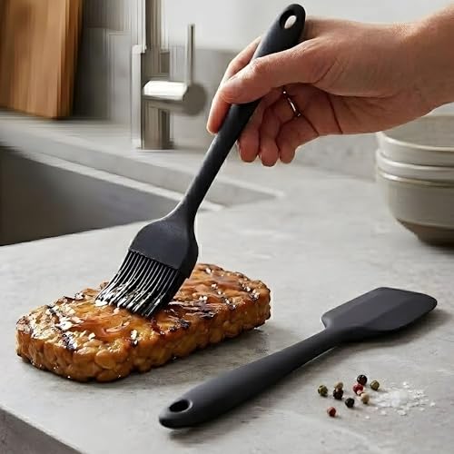 Hian Heat Resistant Silicone Spatula (27.5cm) & Basting Brush (26cm) Set, Non-Stick Food Grade Kitchen Tools for Cooking, Baking, BBQ, Durable, Flexible, Easy to Clean, Black (Set of 2) - Image 1