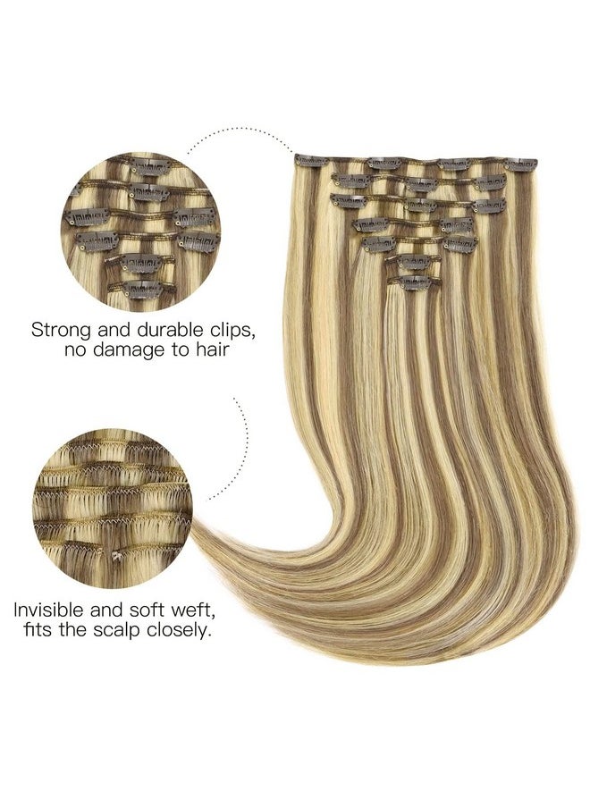 hotbanana - Human Hair Clip In Hair Extensions Ash Brown Highlighted Golden Blonde Hair Extensions 120G Clip In Hair Extensions Real Human Hair Straight Remy Hair Clip Ins 20 Inch 7Pcs - Image 1