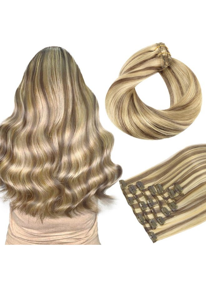 hotbanana - Human Hair Clip In Hair Extensions Ash Brown Highlighted Golden Blonde Hair Extensions 120G Clip In Hair Extensions Real Human Hair Straight Remy Hair Clip Ins 20 Inch 7Pcs - Image 1
