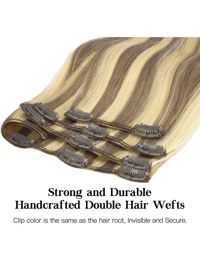 hotbanana - Human Hair Clip In Hair Extensions Ash Brown Highlighted Golden Blonde Hair Extensions 120G Clip In Hair Extensions Real Human Hair Straight Remy Hair Clip Ins 20 Inch 7Pcs - Image 1