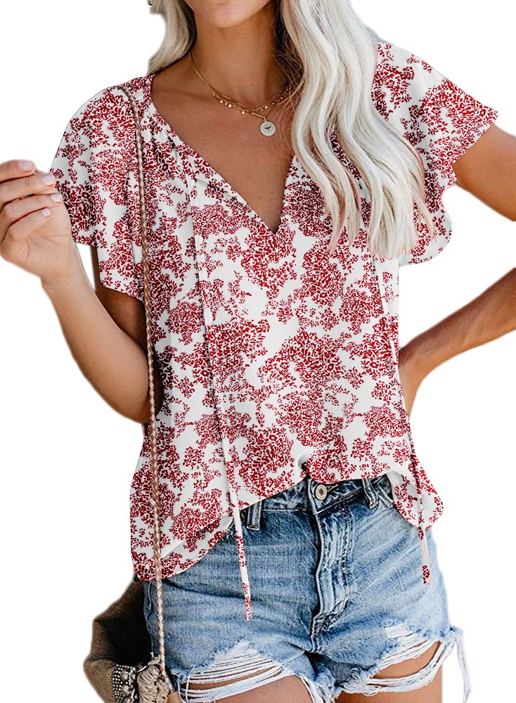 SimpleFun V Neck Shirts for Women Loose Cute Floral Print Blouses Summer Vacation Tops Boho Clothing (Floral3,S) - Image 1