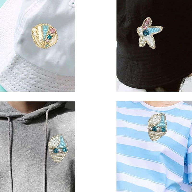 لصقات قواقع ملونة من مخلوقات البحر مع لآلئ وترصيعات من حجر الراين للخياطة على الملابس والسترات 10 قطع - Image 5