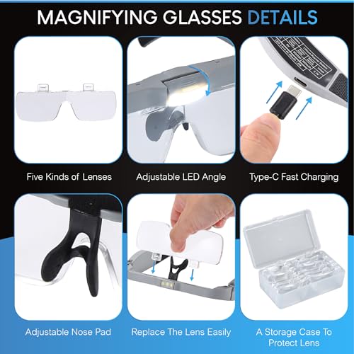 YOCTOSUN Magnifying Glasses with Light, Head Magnifier Glasses with 5 Detachable Lenses 0.75X-4.0X and 3 LED Lights, Rechargeable Hands Free Eyeglasses Magnifier for Close Work Jewelry Crafts Hobby - Image 5