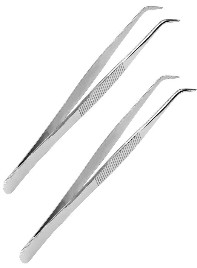 Suiwotin 2PCS 8 Inch Stainless Steel Tweezers with Curved Serrated Tip Heavy Duty Tweezer Tongs for Cooking Crafting Repairing - Image 1