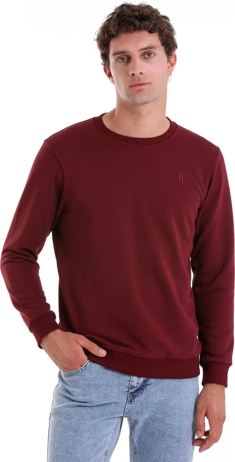 هاتيموغلو Claret Red Regular Fit Plain Cotton Crew Neck Sweatshirt