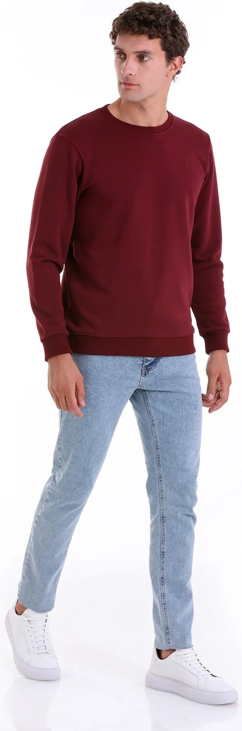 هاتيموغلو Claret Red Regular Fit Plain Cotton Crew Neck Sweatshirt