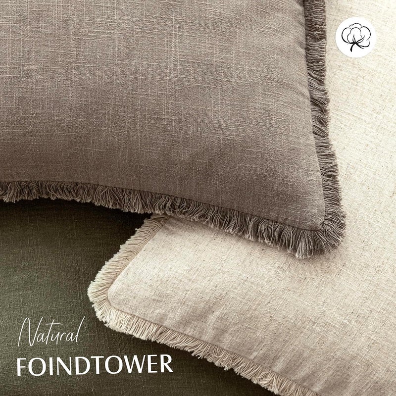 Foindtower Decorative Linen Pillow Covers, Boho Style with Fringe, Farmhouse Style, Tassels, Soft, Cover for Couch, Chair, Bed, Living Room, Interior Decor, Set of 2, 18 x 18 inch/Brown/Light Brown - Image 4