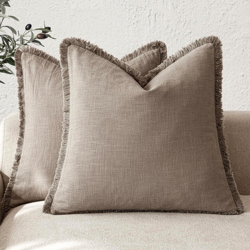 Foindtower Decorative Linen Pillow Covers, Boho Style with Fringe, Farmhouse Style, Tassels, Soft, Cover for Couch, Chair, Bed, Living Room, Interior Decor, Set of 2, 18 x 18 inch/Brown/Light Brown - Image 1