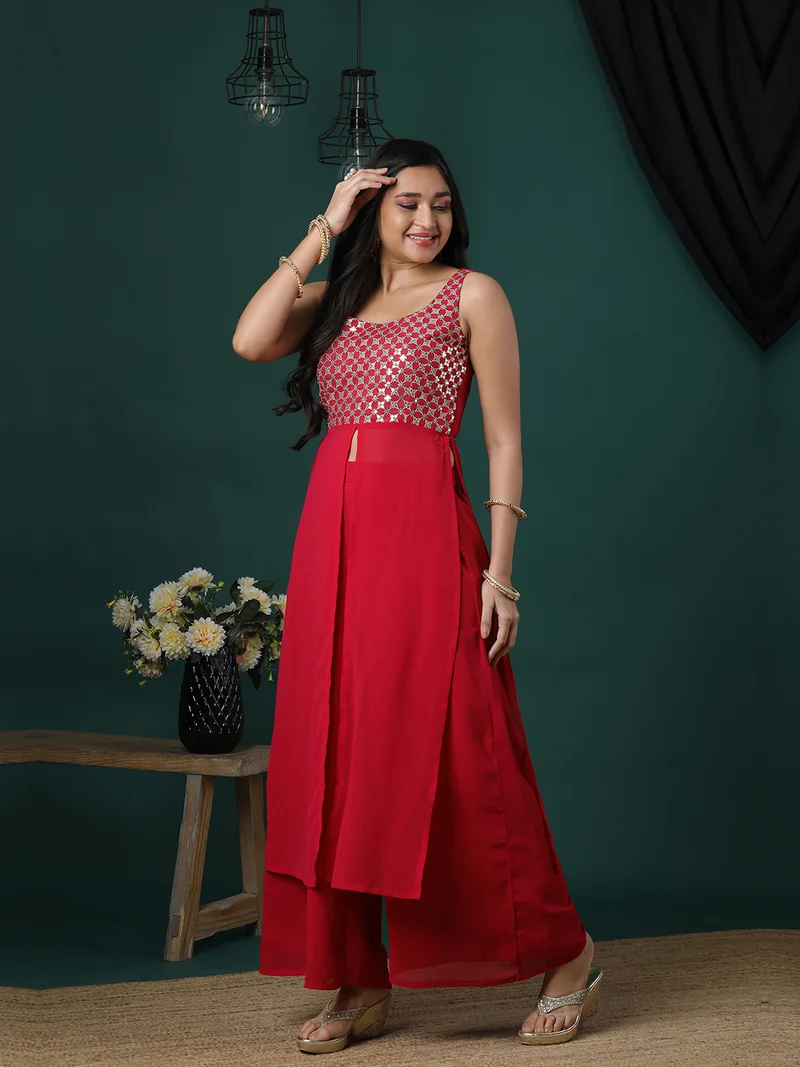 جلو باص كرتة مستقيمة مطرزة بالترتر بتصميم يوك بنقوش عرقية للنساء مع بنطلون بالازو