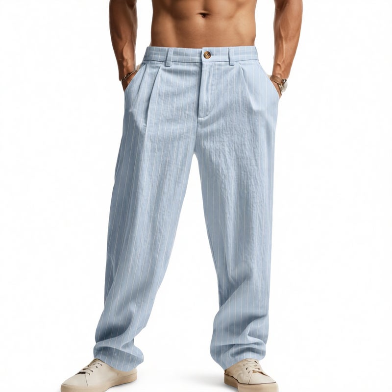 Men's Striped Linen Straight Leg Casual Pants - Image 5