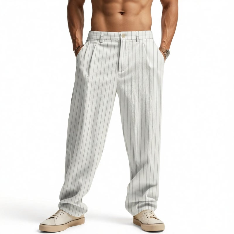 Men's Striped Linen Straight Leg Casual Pants - Image 3