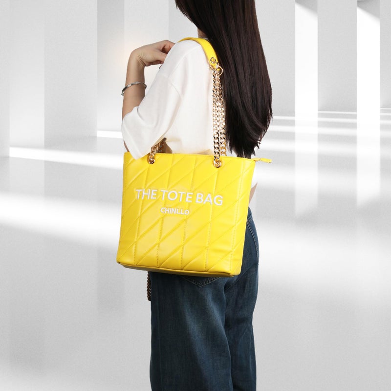 Chinllo Tote Bag for Women, Large Quilted Top Handle Chains Handbags Purse (E.Yellow) - Image 2