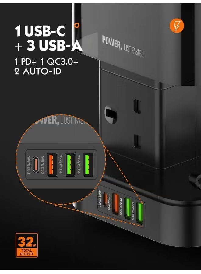 CELIBERY 3 in 1 Power Extension Cord With Wireless Charger, And Cable Management Box with lock,4 USB Ports (30W 1* PD,18W 1* QC3.0,2* USB-A), And 6 Outlets 2500W Power Socket for Home, Office And More - Image 3
