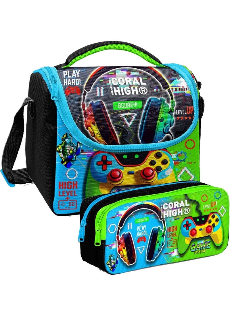 CORAL HIGH - Headphone Game Patterned Boy Thermal Insulated Lunch Bag and Pencil Case Set - Image 1