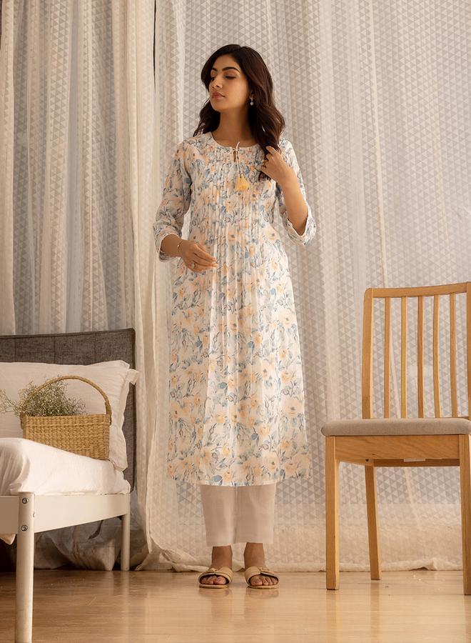 DW Printed Embroidered Linen A Line Kurta with Trousers and Dupatta Set - Image 3