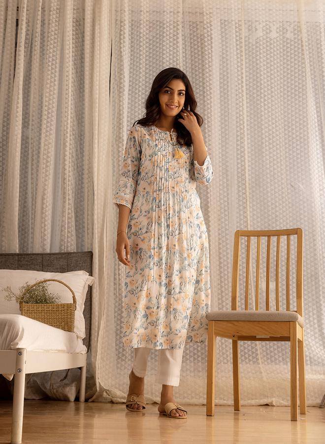 DW Printed Embroidered Linen A Line Kurta with Trousers and Dupatta Set - Image 4
