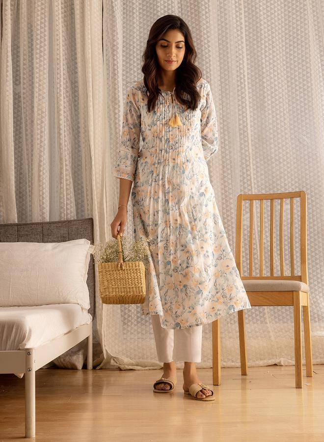 DW Printed Embroidered Linen A Line Kurta with Trousers and Dupatta Set - Image 2