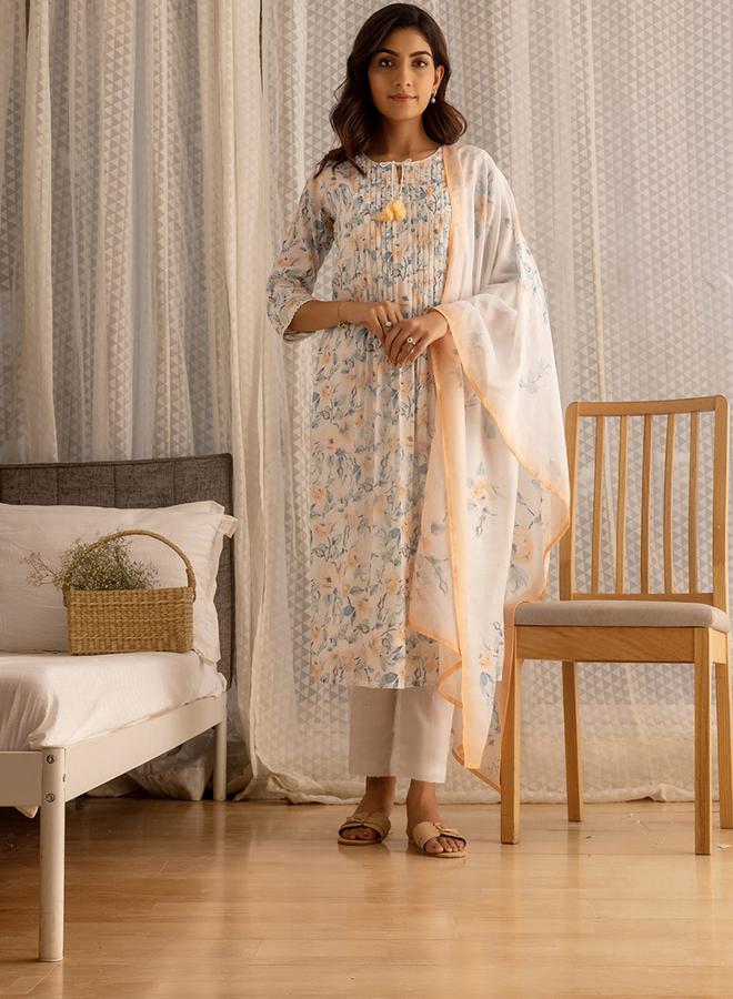 DW Printed Embroidered Linen A Line Kurta with Trousers and Dupatta Set - Image 1
