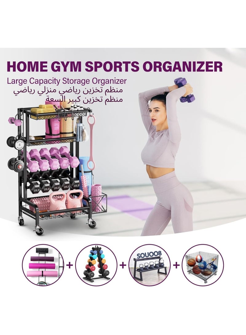 LBMT رف الدمبل، رف الأثقال لصالة الألعاب الرياضية المنزلية، رف تخزين مع عجلات وخطافات قابلة للقفل، تخزين معدات التمرين لسجادة اليوغا، غلاية إسفنجية - Image 2