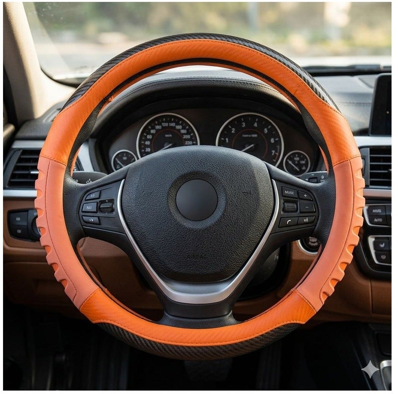 Steering Wheel Cover - Carbon Fiber & Perforated Leather - High-Visibility Orange & Black - Universal Anti-Slip