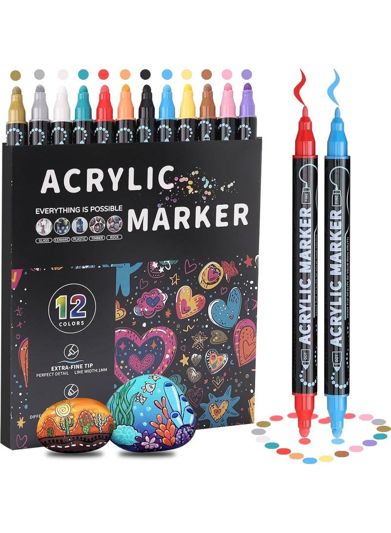 SOLARAE Acrylic Markers, 12 Colors Dual Tip Acrylic Paint Pens Markers, Premium Acrylic Markers, Paint Pens Paint Markers for Wood, Rock Painting, Glass, DIY Crafts, Canvas, Stone - Image 1
