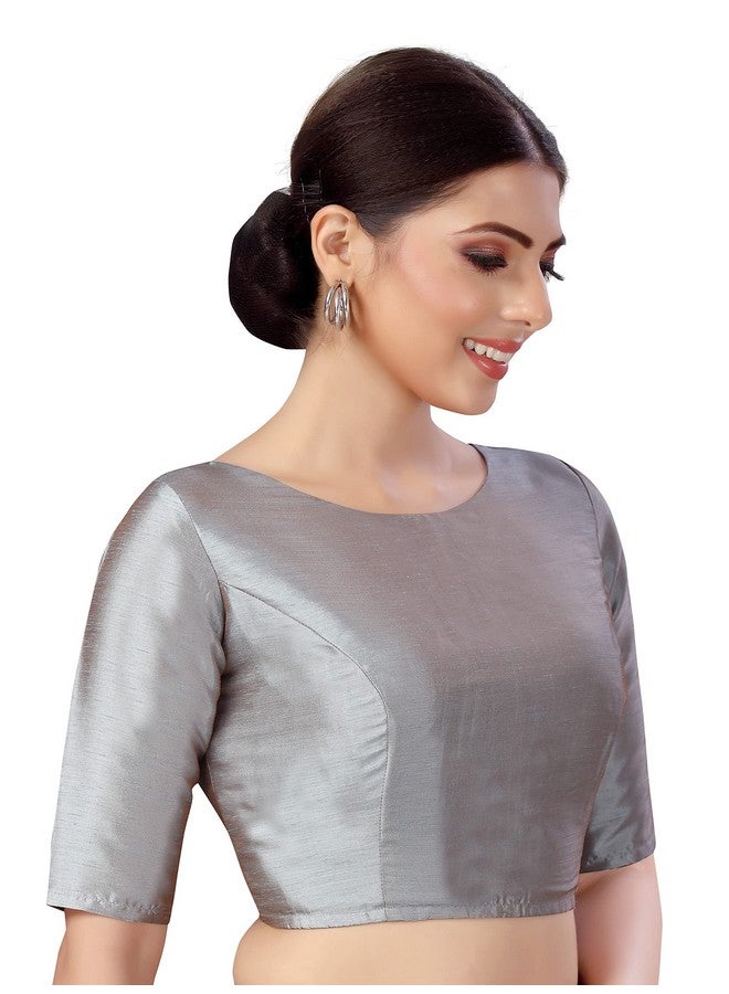 Studio Shringaar Women's Polyester Elbow Length Sleeves Plain Coloured Saree Blouse(Grey, 38) - Image 3