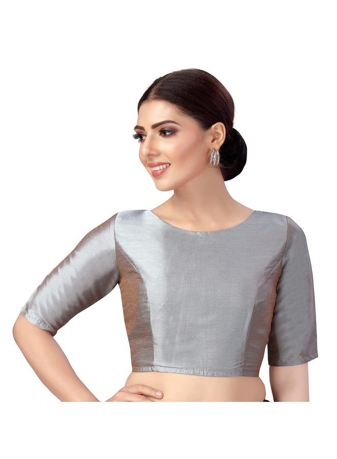 Studio Shringaar Women's Polyester Elbow Length Sleeves Plain Coloured Saree Blouse(Grey, 38) - Image 1