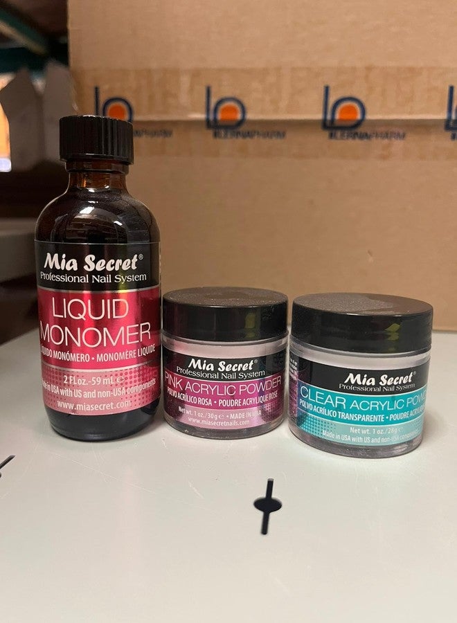 Mia Secret SECRET 2oz LIQUID MONOMER + 1oz CLEAR + 1oz PINK ACRYLIC POWDER NAIL ART - Image 2