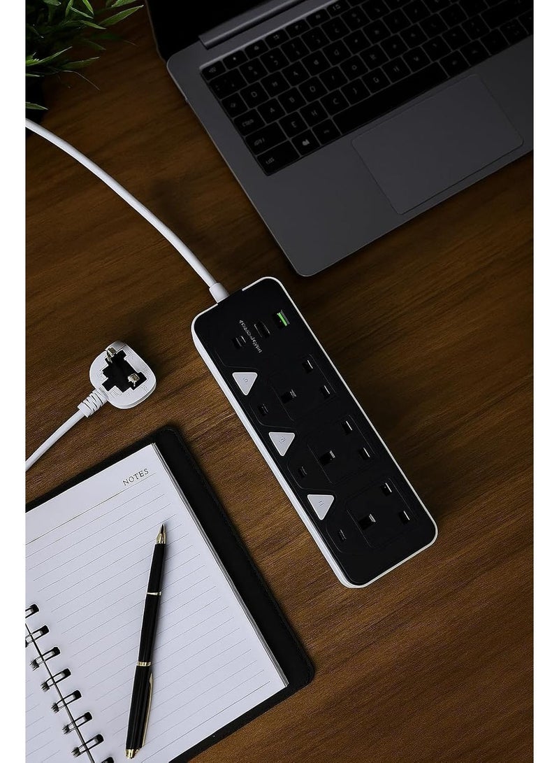 TRADAMAX 2000W Power Extension Power Plug (6 in 1) with 3 Outlets, 2 USB Ports and 1 Type C Power Delivery Port for Ultra Fast Charging, 3.4A Auto Charging, 2000W Power Extension Power Plug, 3m Long, Multi Socket Plate, Heavy Duty Extension Cord - Fast Charging - Image 2