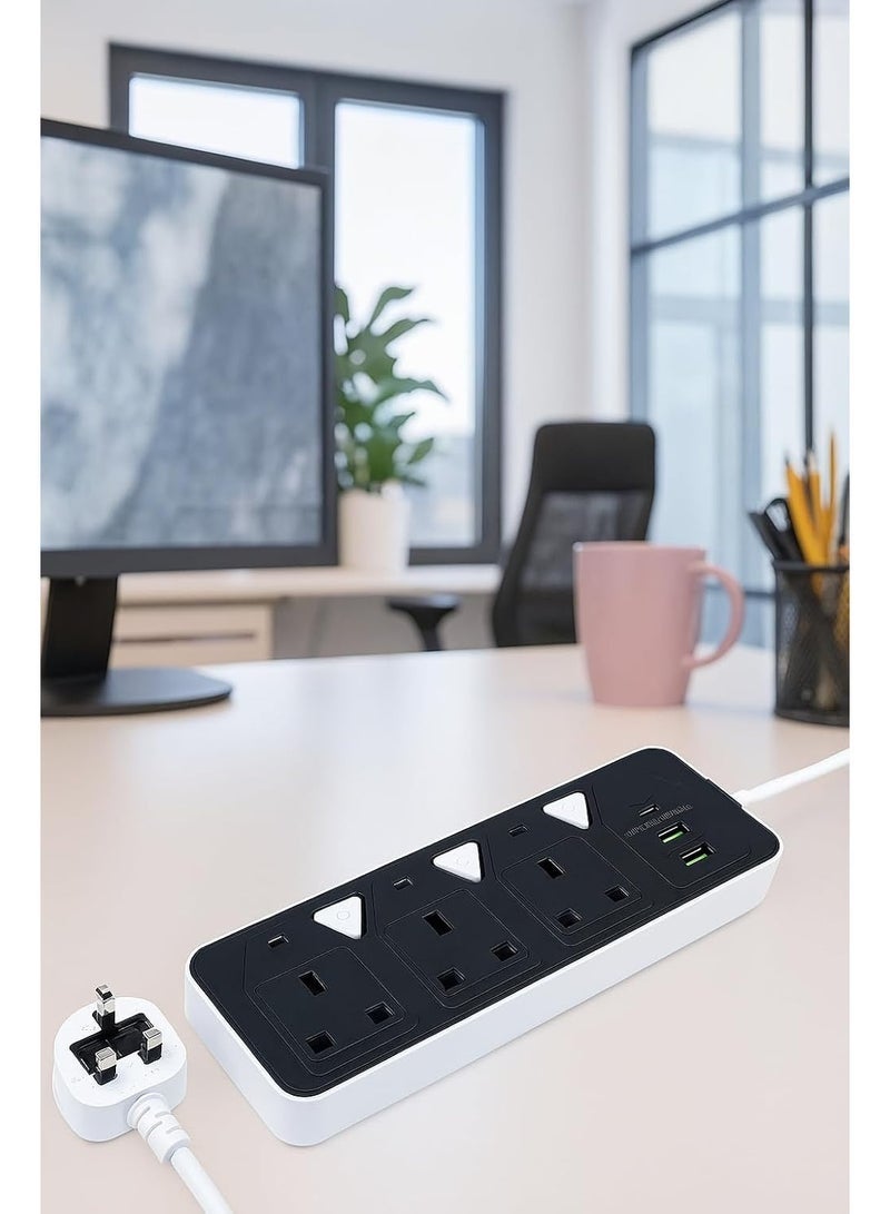 TRADAMAX 2000W Power Extension Power Plug (6 in 1) with 3 Outlets, 2 USB Ports and 1 Type C Power Delivery Port for Ultra Fast Charging, 3.4A Auto Charging, 2000W Power Extension Power Plug, 3m Long, Multi Socket Plate, Heavy Duty Extension Cord - Fast Charging - Image 3
