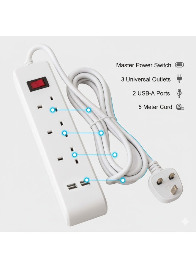 Hi Max Multiple Cord Extension Set 5M with 2 USB Charging Ports, 2990W Power, Overload Protection, Heat Resistant 750°C, All Copper Wiring, SASO Certified – Original - Image 1
