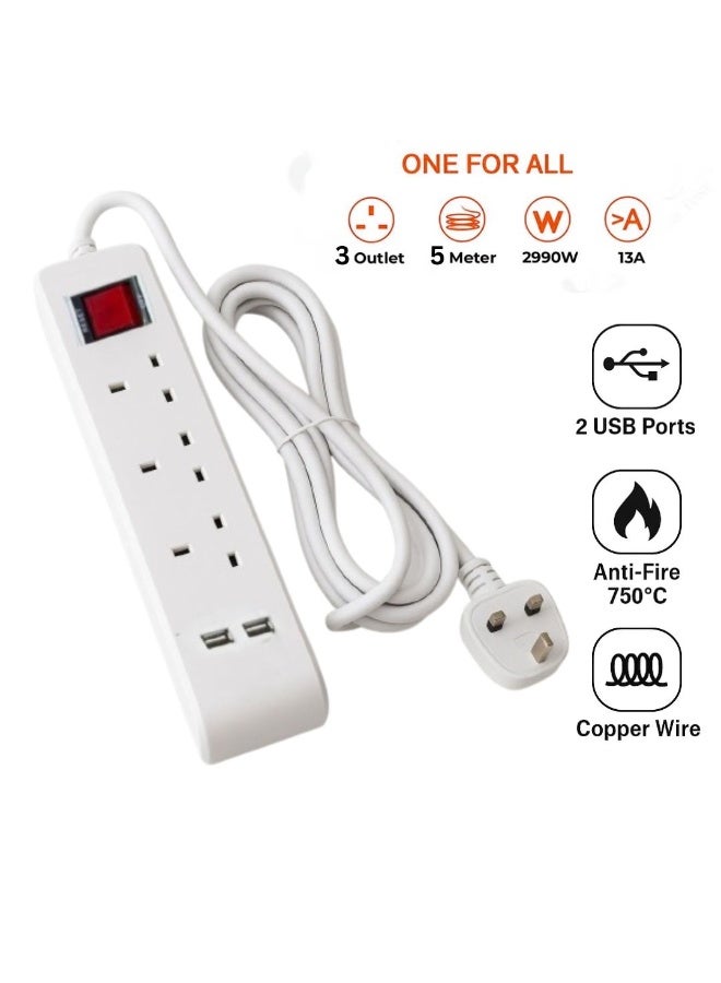 Hi Max Multiple Cord Extension Set 5M with 2 USB Charging Ports, 2990W Power, Overload Protection, Heat Resistant 750°C, All Copper Wiring, SASO Certified – Original - Image 5