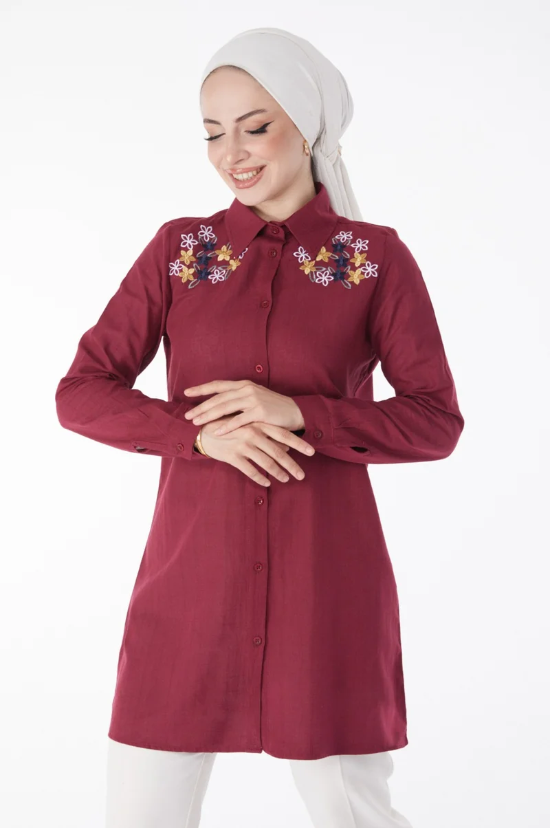 Tofisa Plain Shirt Collar Women's Burgundy Embroidered Shirt - 13167